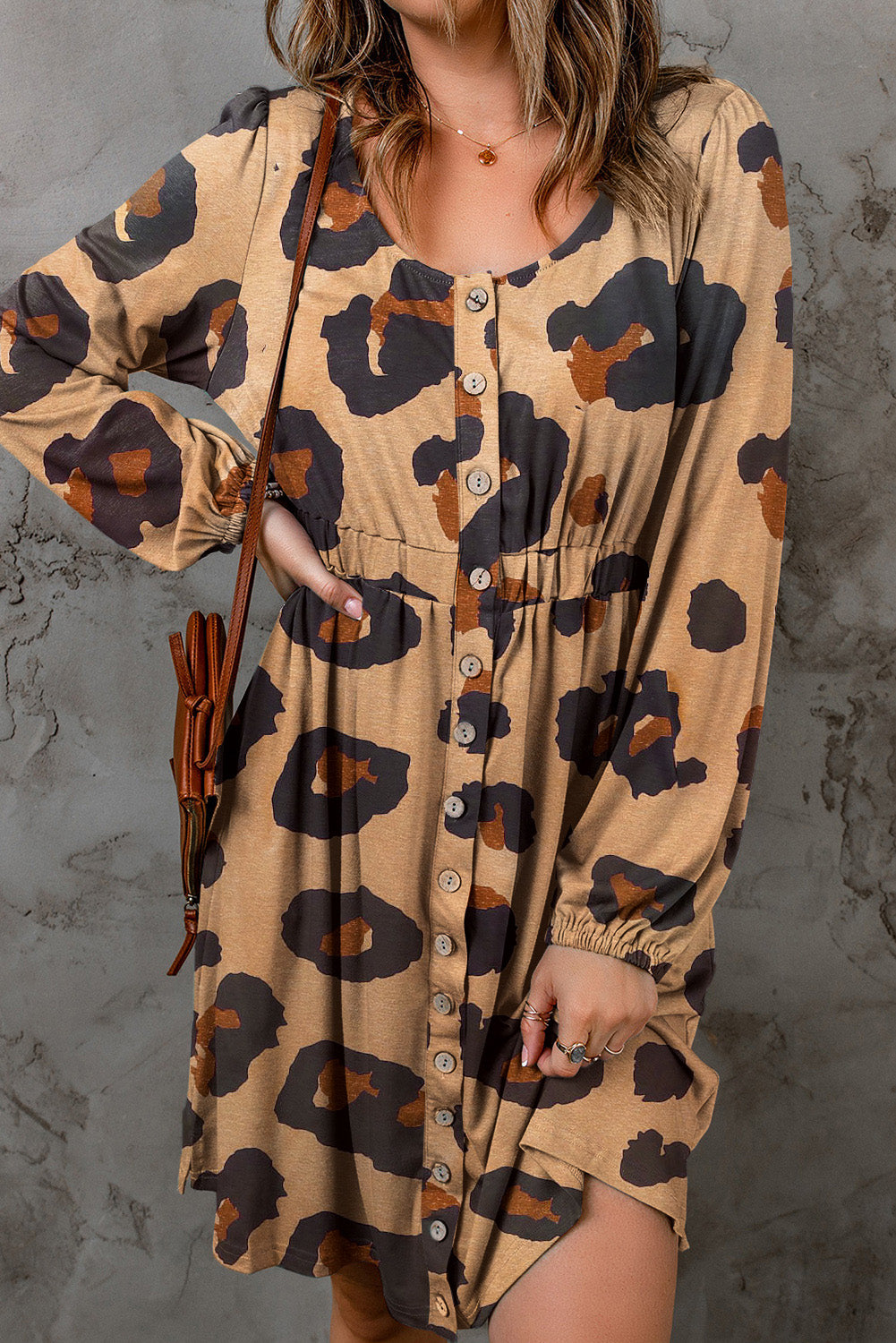 Leopard Animal Print Buttoned Front Bubble Sleeve Loose Knit Dress Dresses JT's Designer Fashion