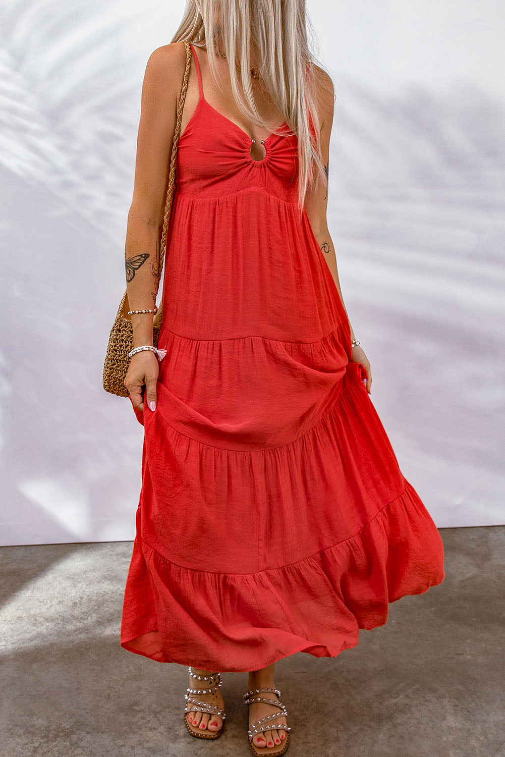 Red O-ring Smocked Back Spaghetti Straps Tiered Maxi Dress Maxi Dresses JT's Designer Fashion