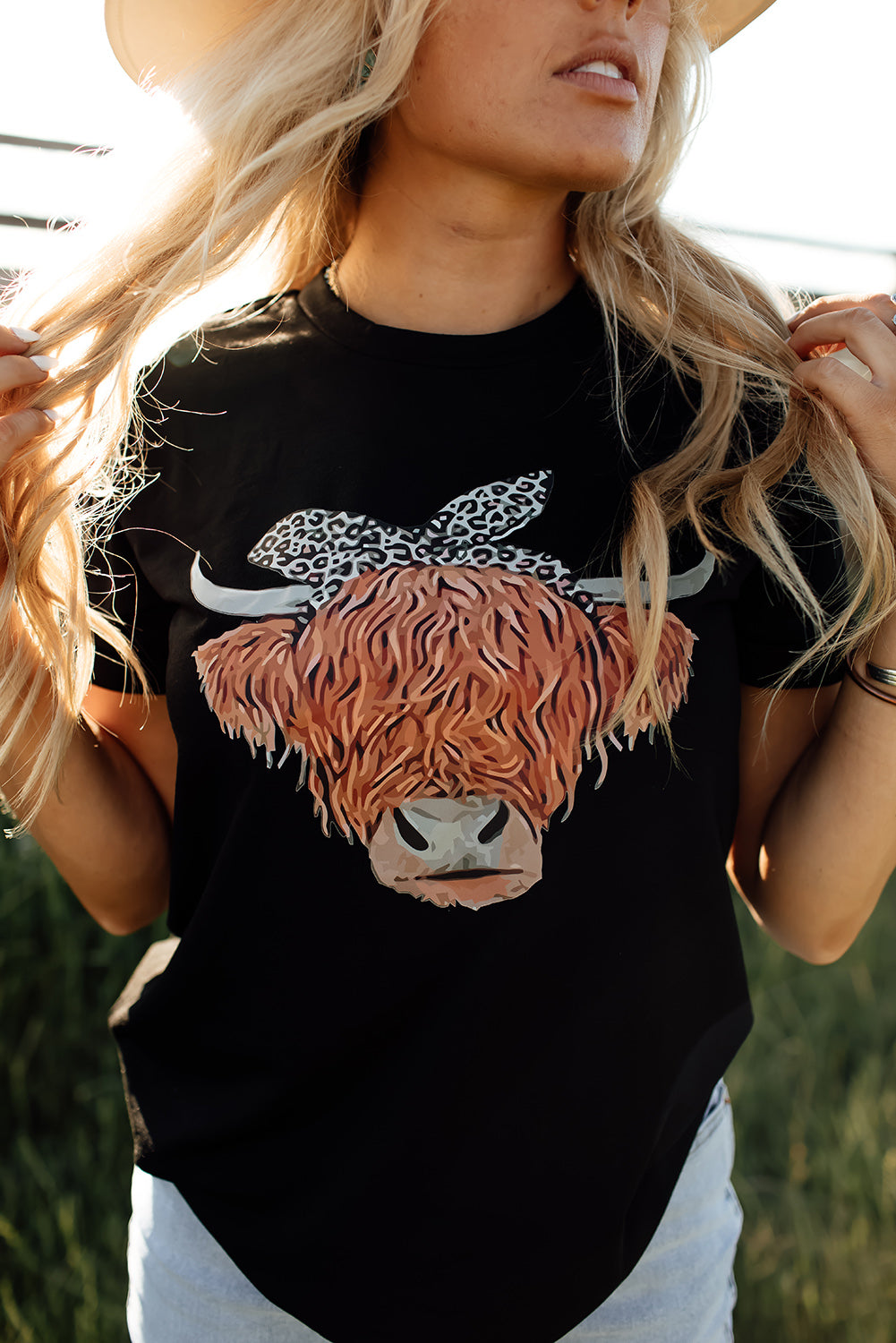 Black Cute Cattle Leopard O-Neck T-Shirt Graphic Tees JT's Designer Fashion
