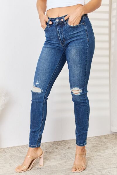 Judy Blue Full Size High Waist Distressed Slim Jeans Dark Jeans JT's Designer Fashion