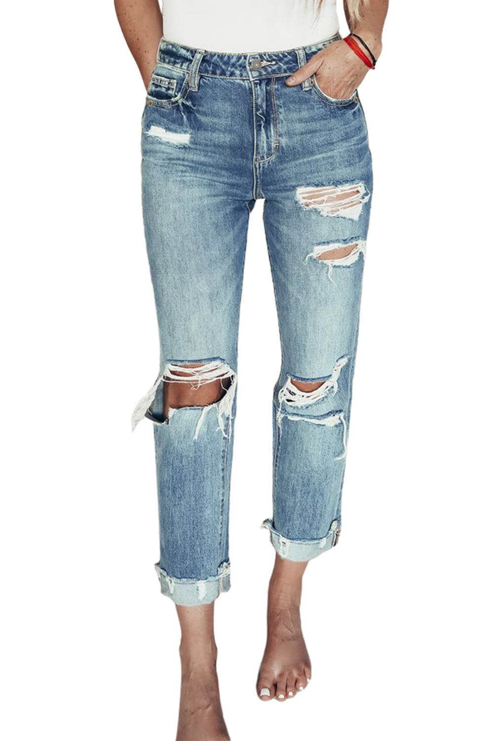Distressed Straight Leg High Waist Jeans Jeans JT's Designer Fashion