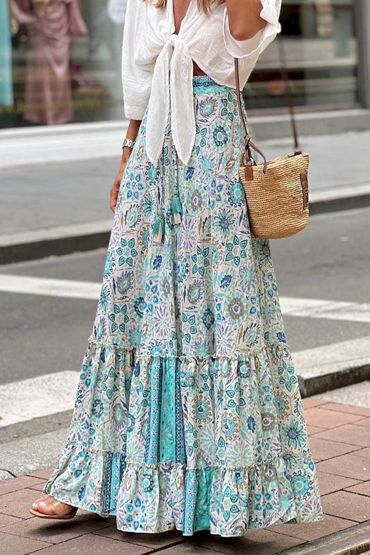 Sky Blue Boho Floral Print Maxi Dress Bottoms JT's Designer Fashion