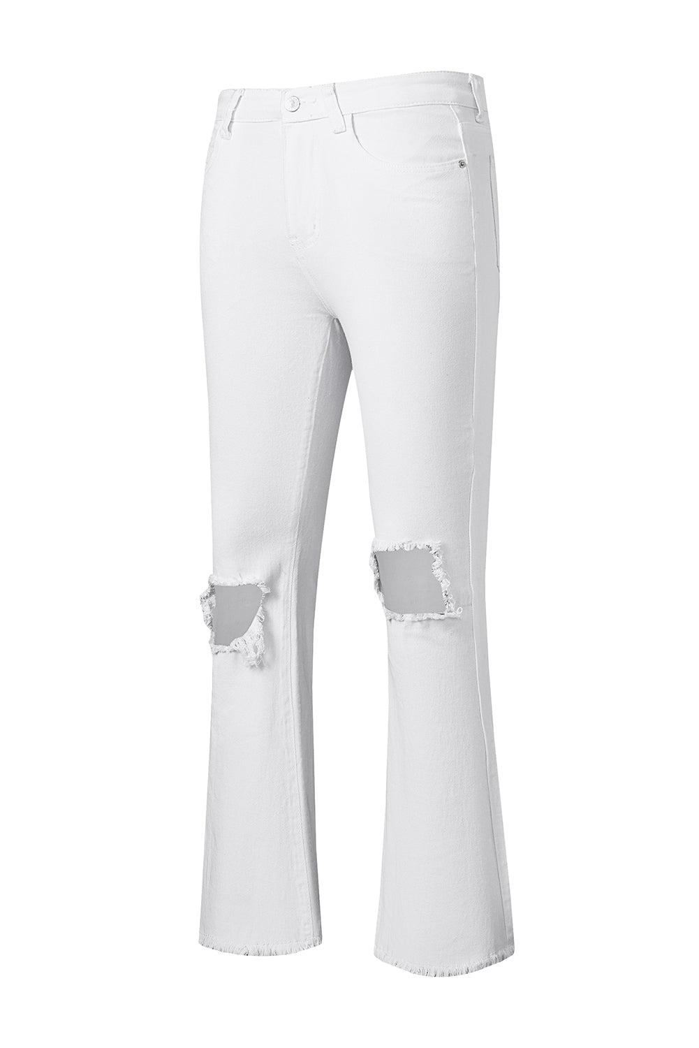 White Distressed Hollow-out Knee Frayed Flare Jeans Jeans JT's Designer Fashion