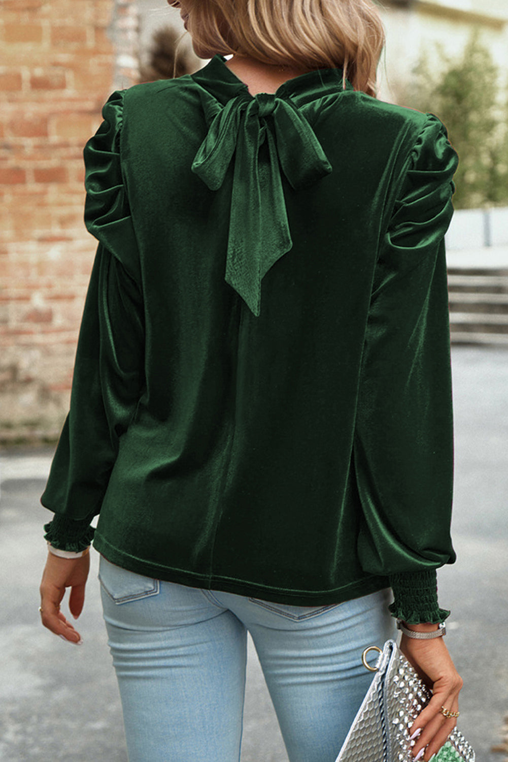 Blackish Green Mock Neck Puff Sleeve Velvet Blouse Blouses & Shirts JT's Designer Fashion