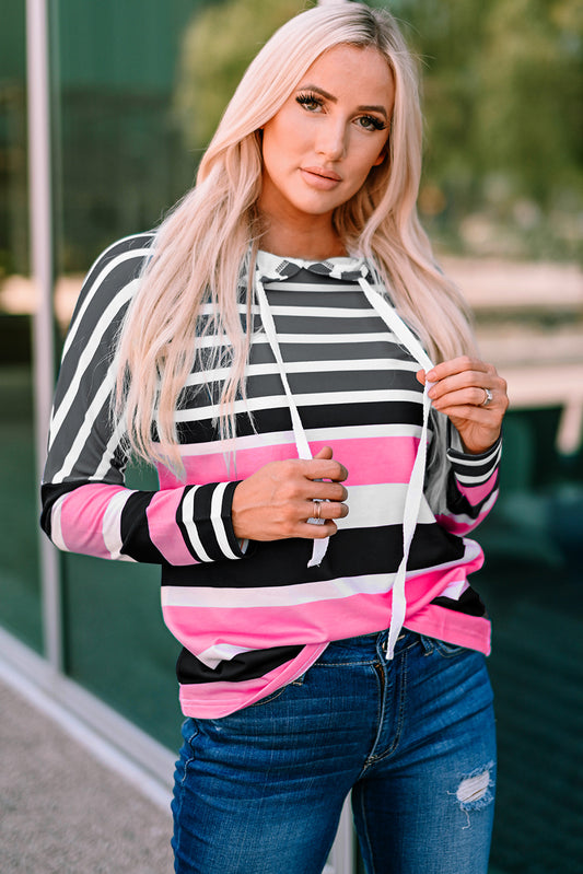 Rose Multi Striped Drawstring Long Sleeve Hoodie Rose 95%Polyester+5%Elastane Sweatshirts & Hoodies JT's Designer Fashion