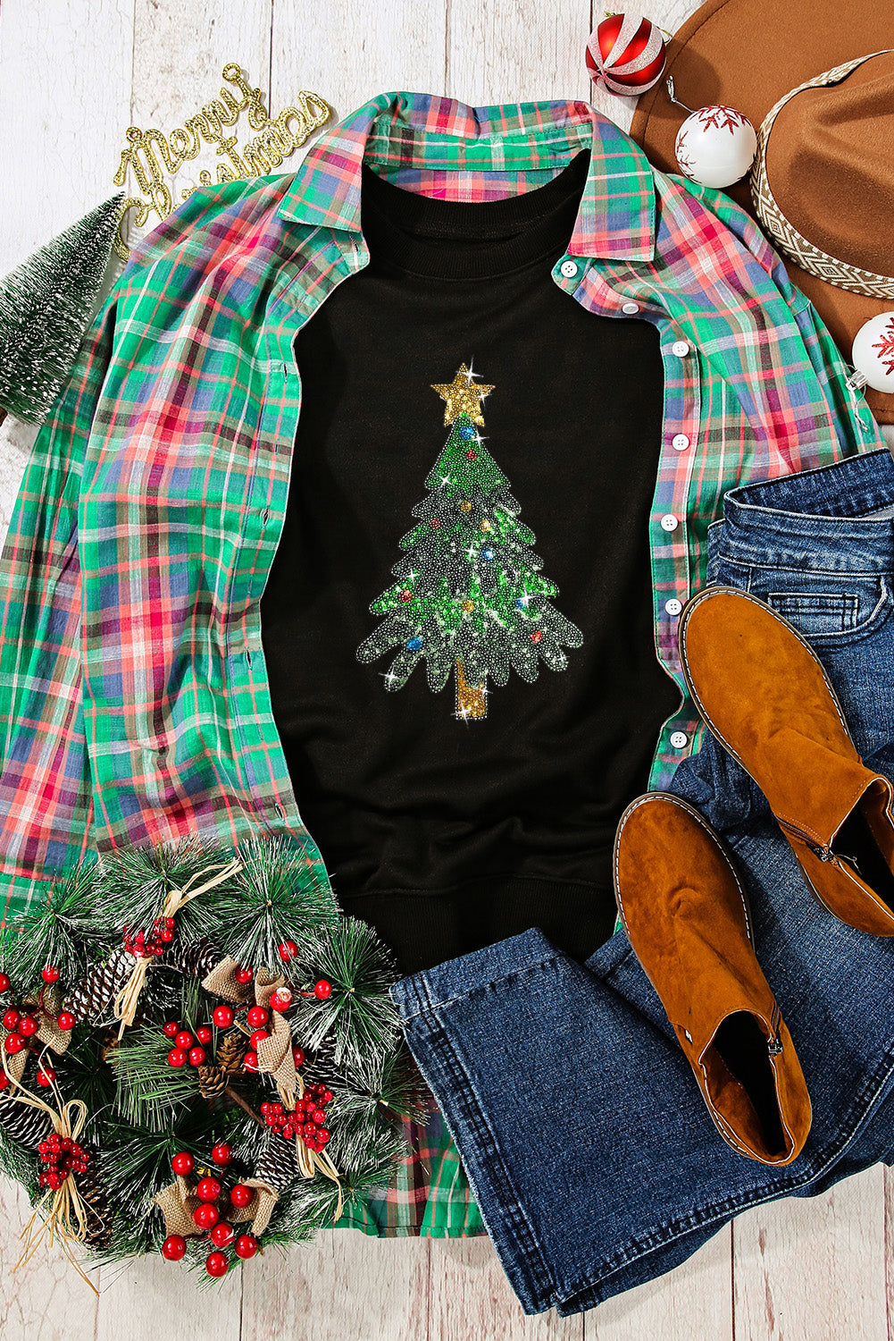 Black Sequined Christmas Tree Pattern Pullover Sweatshirt Black 70%Polyester+30%Cotton Graphic Sweatshirts JT's Designer Fashion