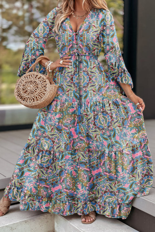 Pink Paisley Printed Ruffle Trim Elegant Maxi Dress Dresses JT's Designer Fashion