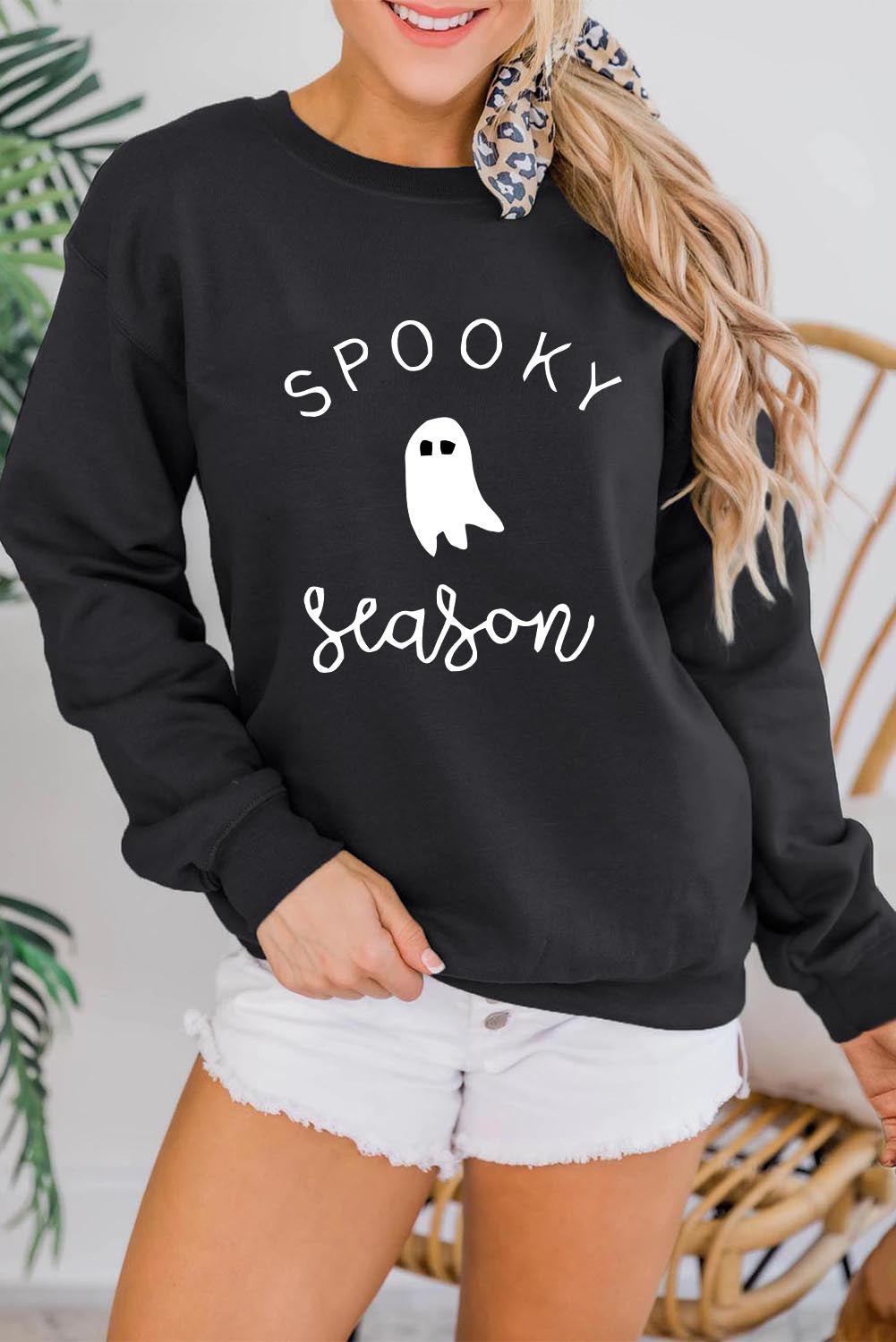 Black SPOOKY Season Ghost Graphic Sweatshirt Black 70%Polyester+30%Cotton Graphic Sweatshirts JT's Designer Fashion