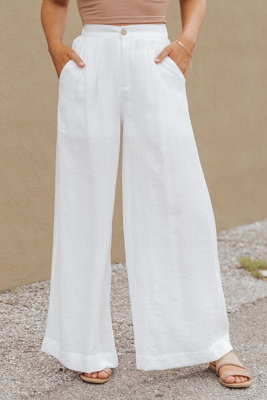 White Button Elastic Waist Pleated Wide Leg Pants Bottoms JT's Designer Fashion