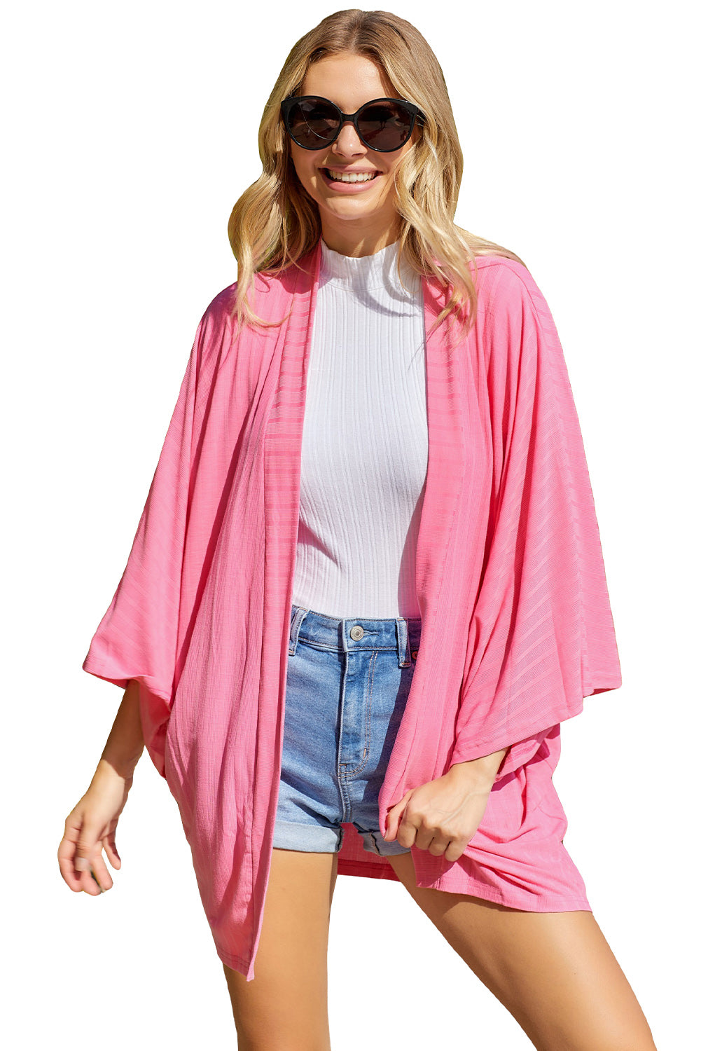Pink Open Front Kimono Sleeves Knit Cardigan Kimonos JT's Designer Fashion