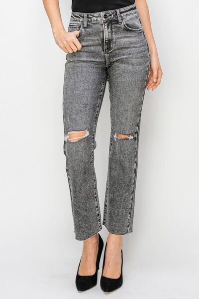 RISEN High Waist Distressed Straight Jeans ACIDBLACK Jeans JT's Designer Fashion