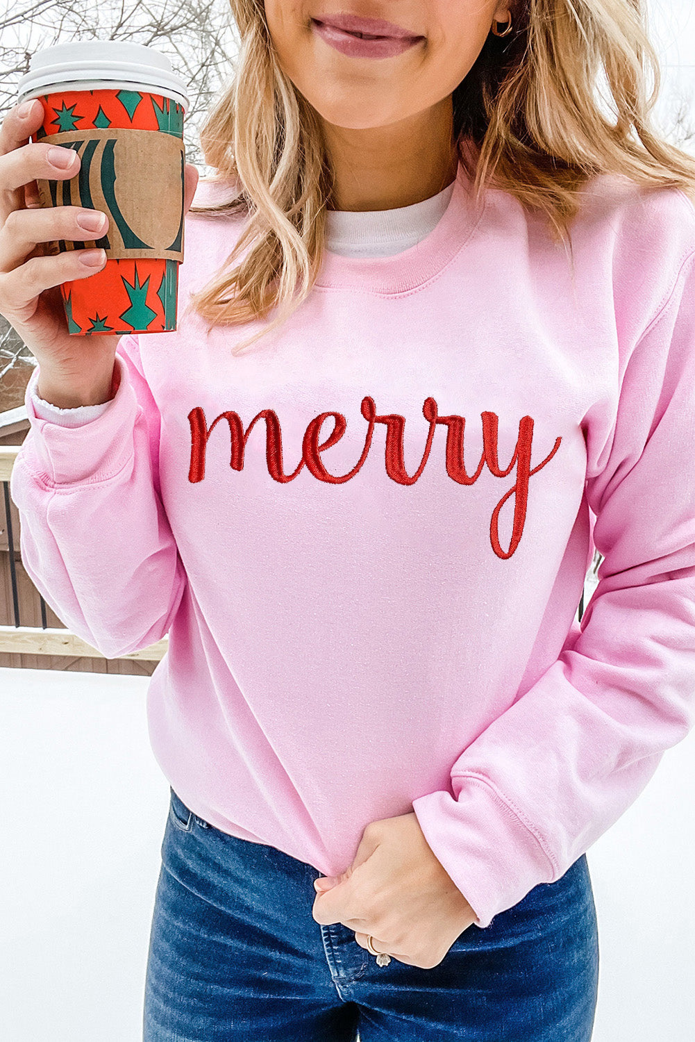 Pink merry Embroidered Drop Shoulder Sweatshirt Pink 70%Polyester+30%Cotton Graphic Sweatshirts JT's Designer Fashion