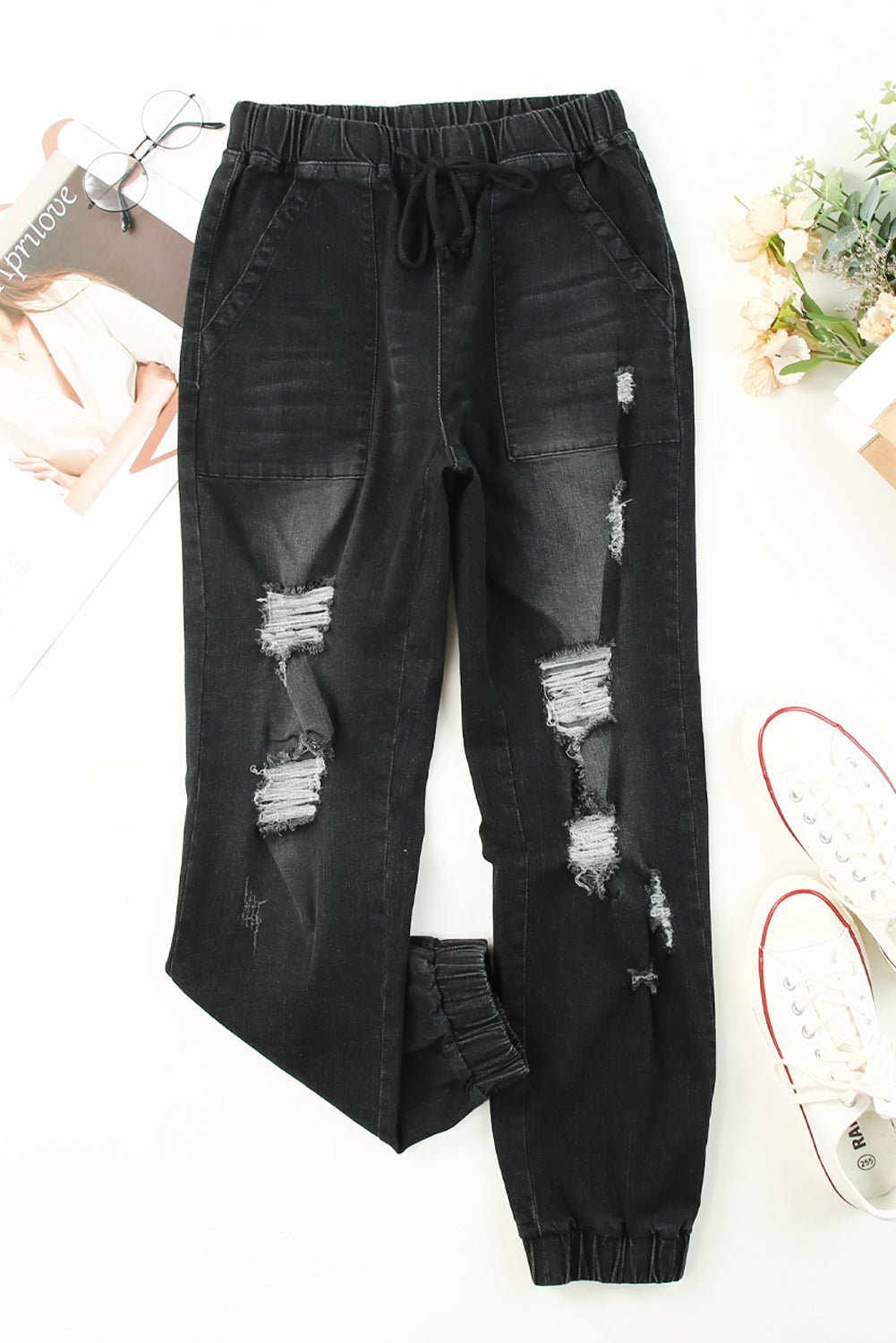 Black Pocketed Distressed Denim Jean Jeans JT's Designer Fashion