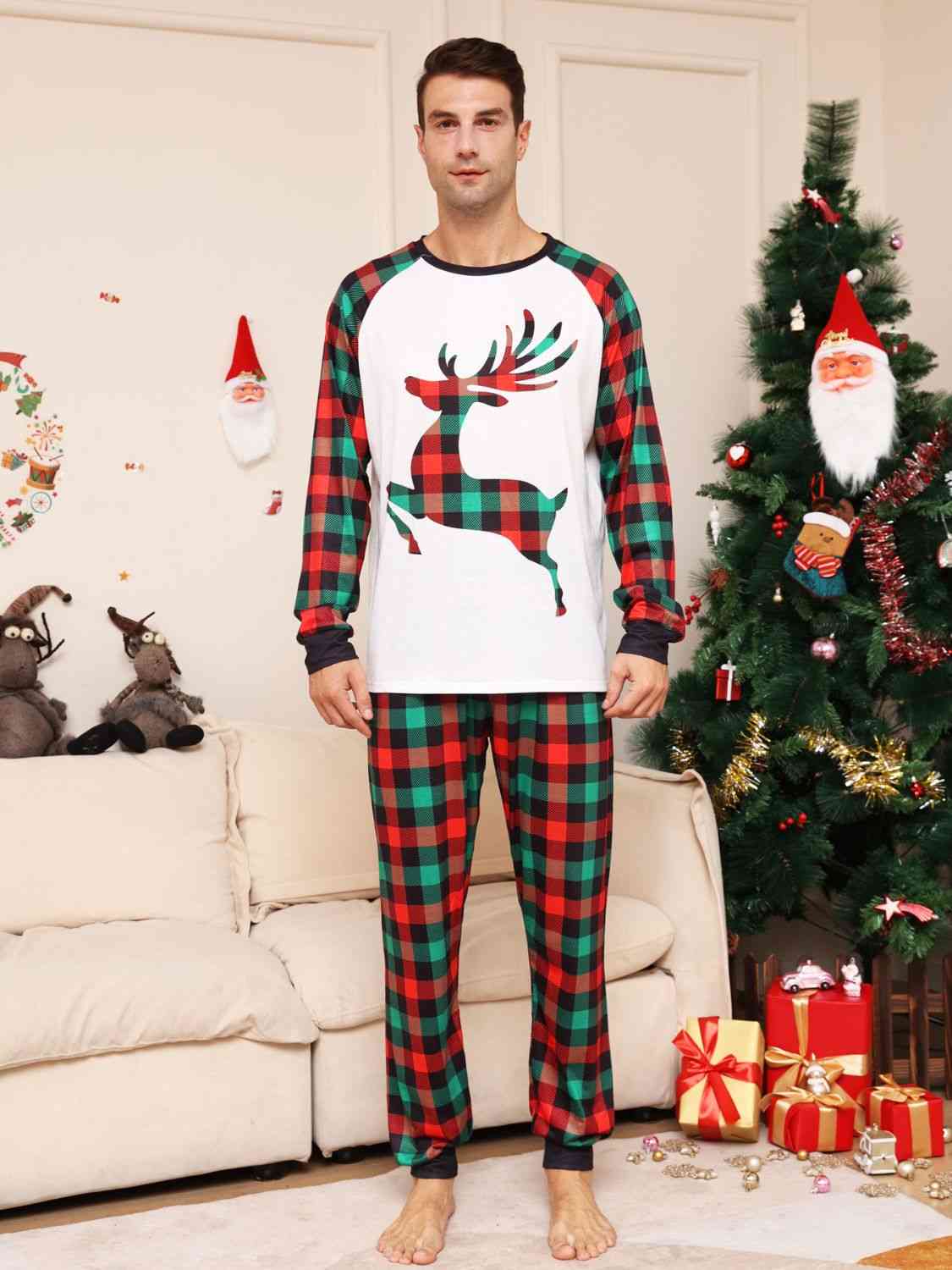 Full Size Reindeer Graphic Top and Plaid Pants Set Plaid Bathrobes & Pyjamas for Men JT's Designer Fashion