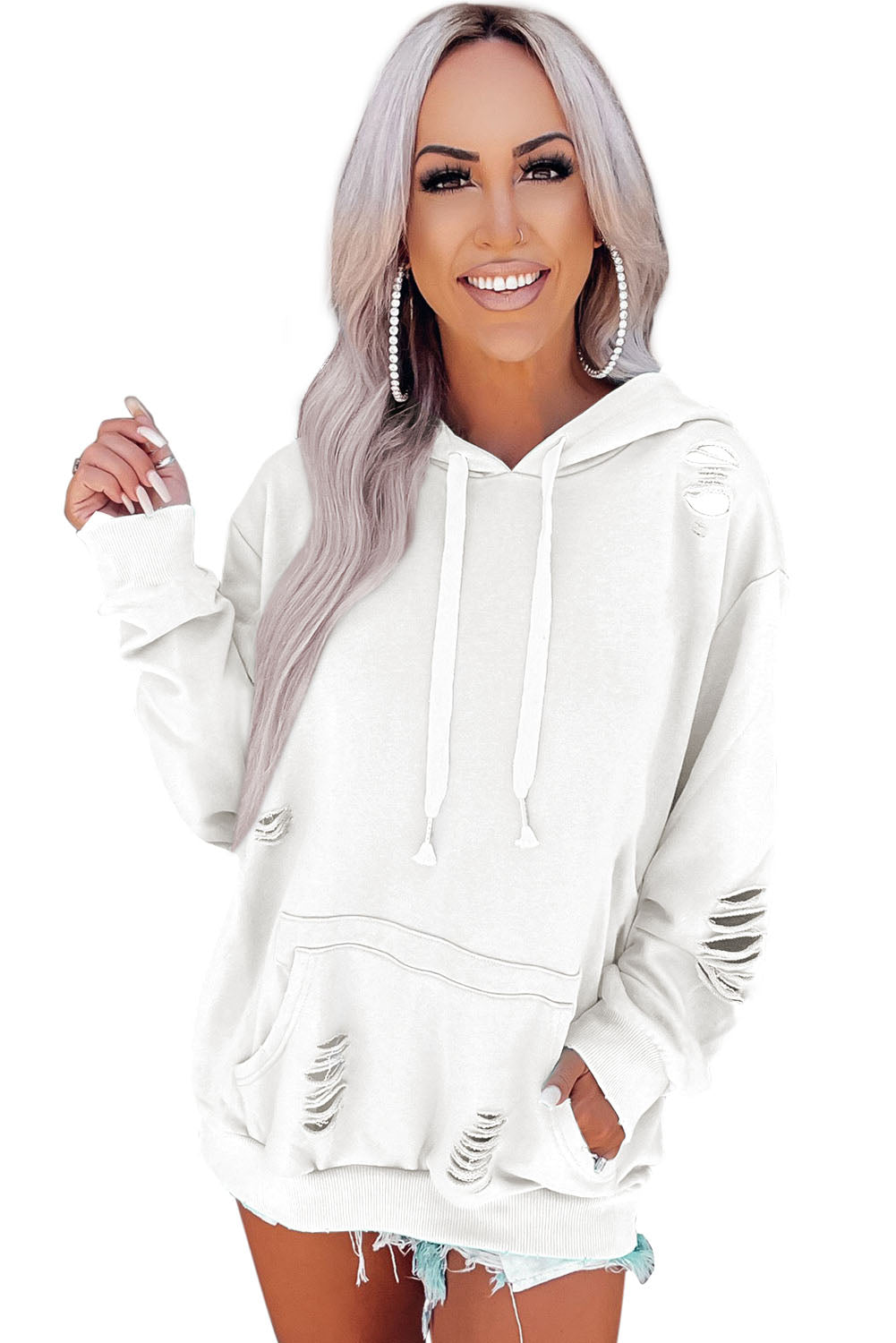 White Solid Ripped Hooded Sweatshirt with Kangaroo Pocket Sweatshirts & Hoodies JT's Designer Fashion