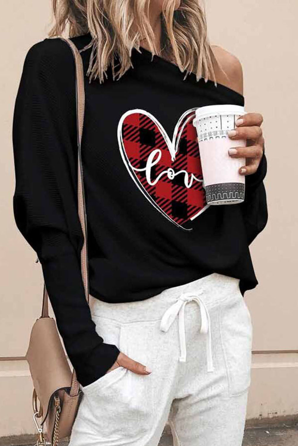 Black Black Valentine Love Heart Plaid Printed Splicing Bat Sleeve One Shoulder Top Long Sleeve Tops JT's Designer Fashion