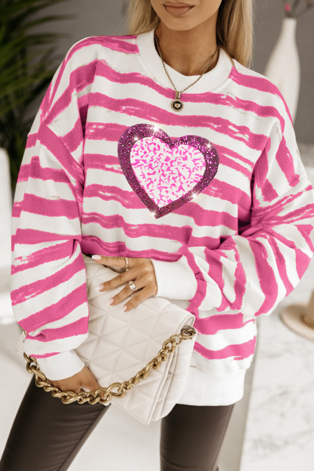 Bright Pink Dyed Stripes Glitter Heart Graphic Sweatshirt Bright Pink 100%Polyester Graphic Sweatshirts JT's Designer Fashion