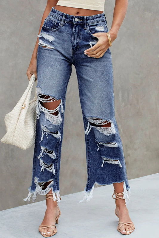 Blue Heavy Destroyed High Waist Jeans Bottoms JT's Designer Fashion