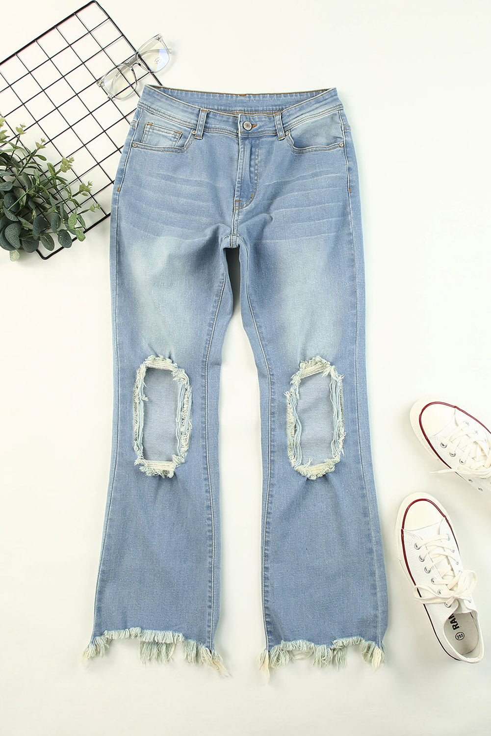 Sky Blue Distressed Knee Holes Straight Leg Jeans Jeans JT's Designer Fashion