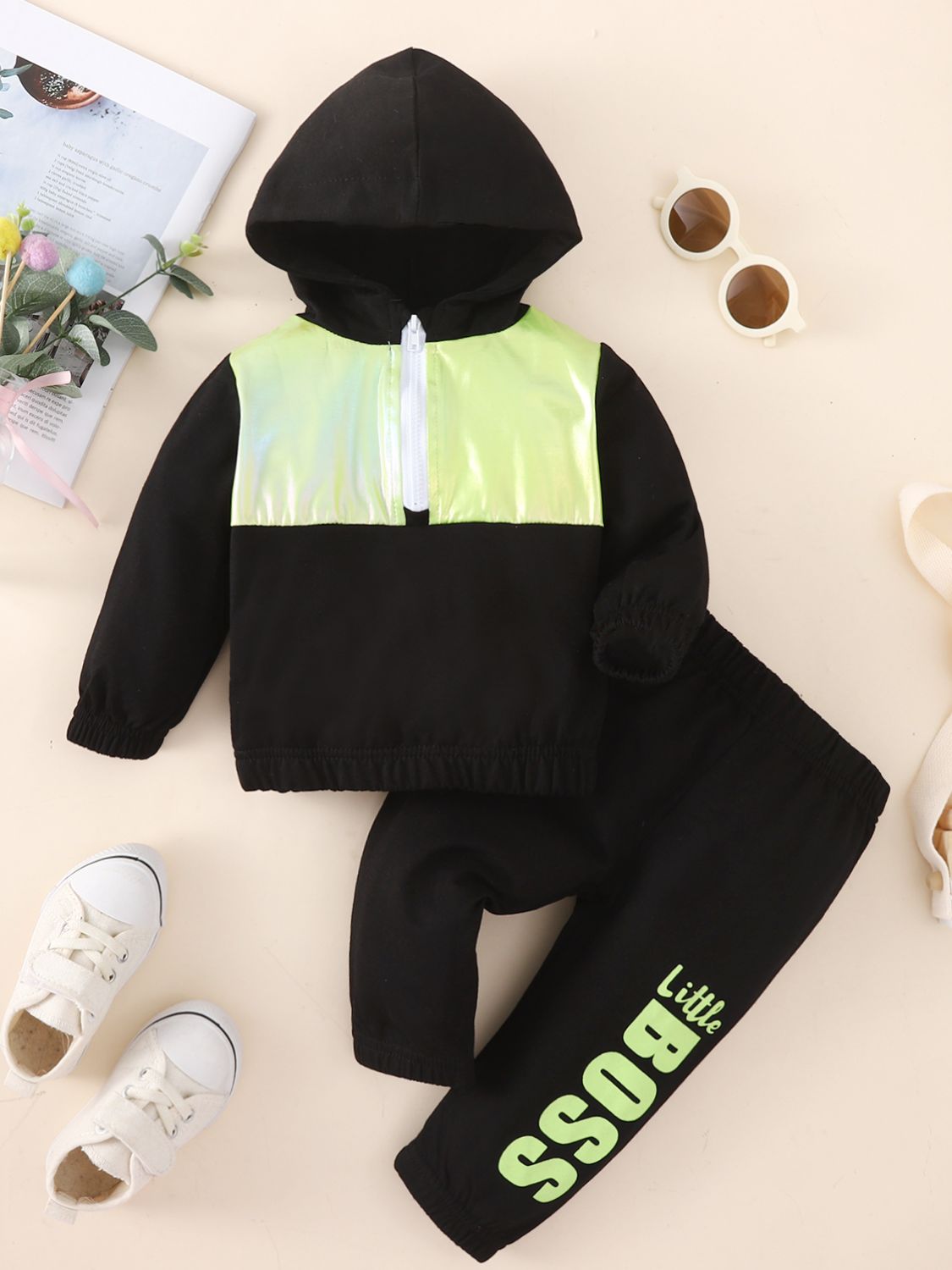 Baby Two-Tone Hoodie and Letter Graphic Joggers Set Black Baby JT's Designer Fashion