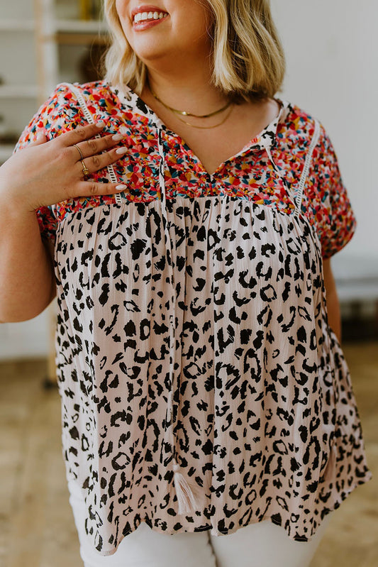 Plus Size Boho Leopard Print Short Sleeve Blouse Plus Size Tops JT's Designer Fashion