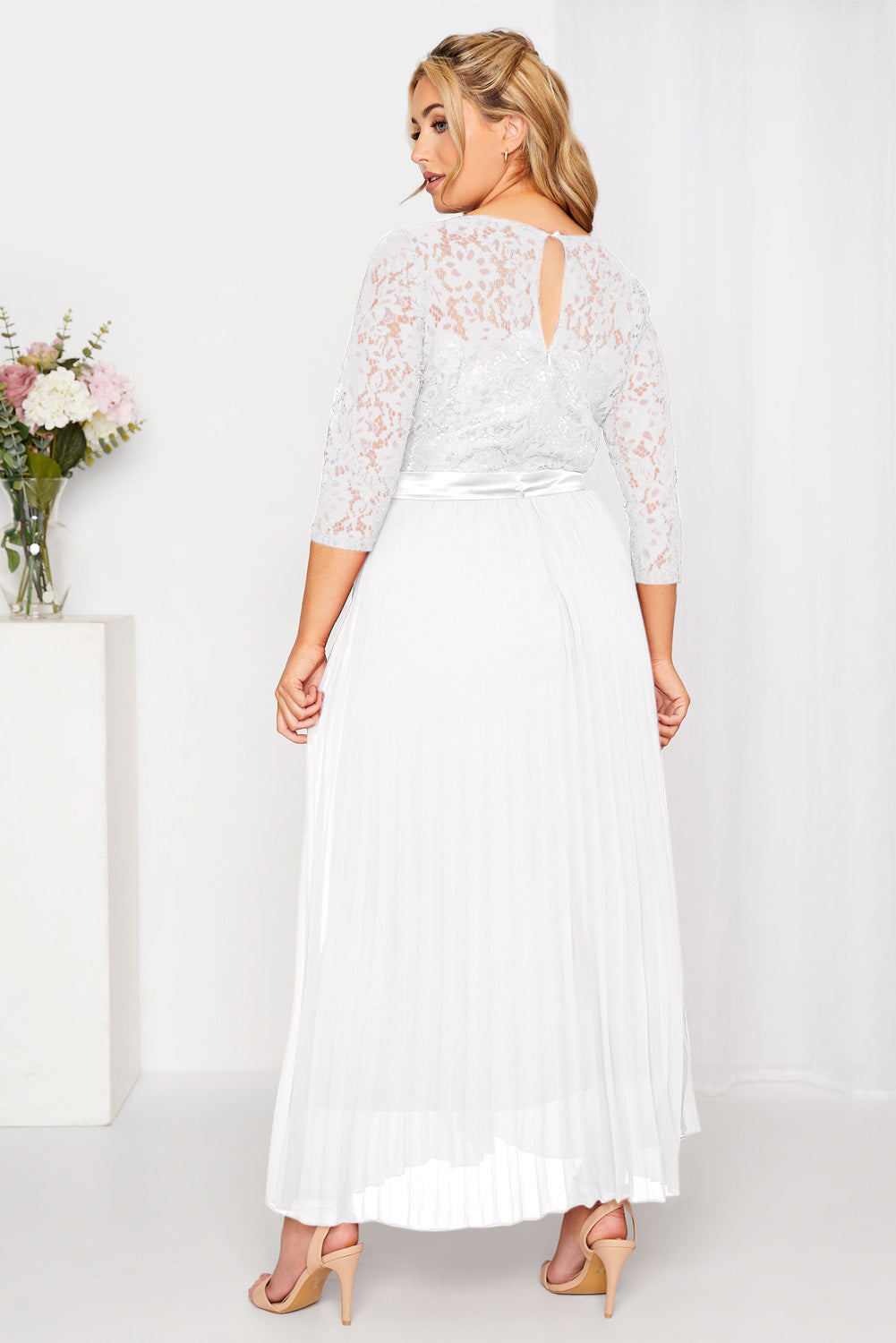 White Lace Scalloped V Neck 3/4 Sleeves Pleated Tulle Plus Maxi Dress Plus Size Dresses JT's Designer Fashion