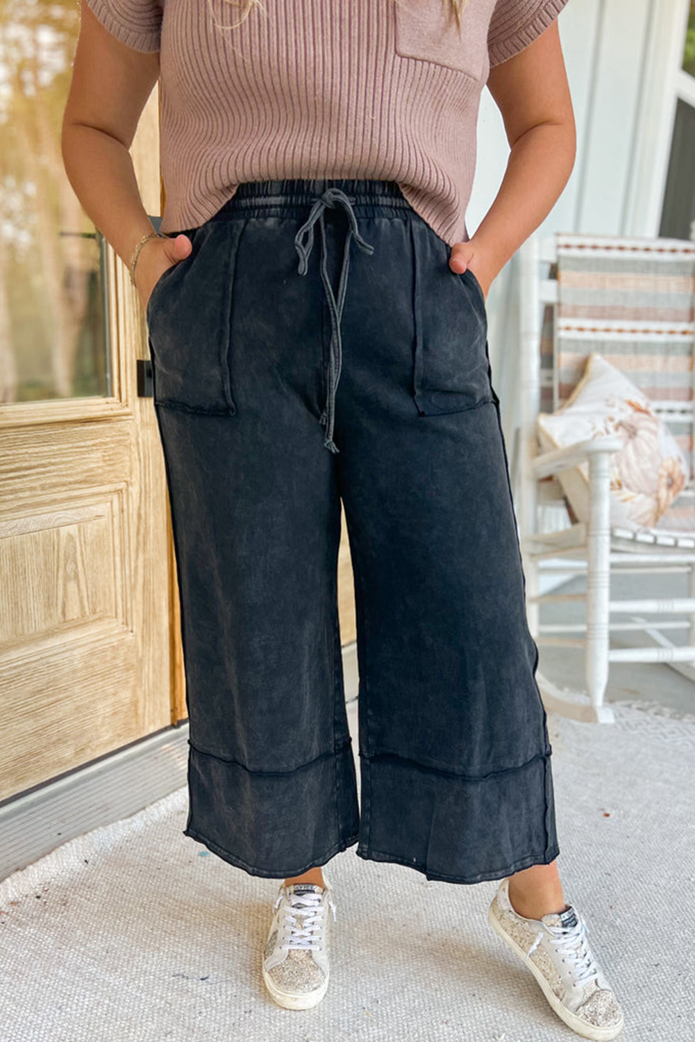 Black Plus Size Patch Pocket Vintage Washed Pants Pre Order Plus Size JT's Designer Fashion