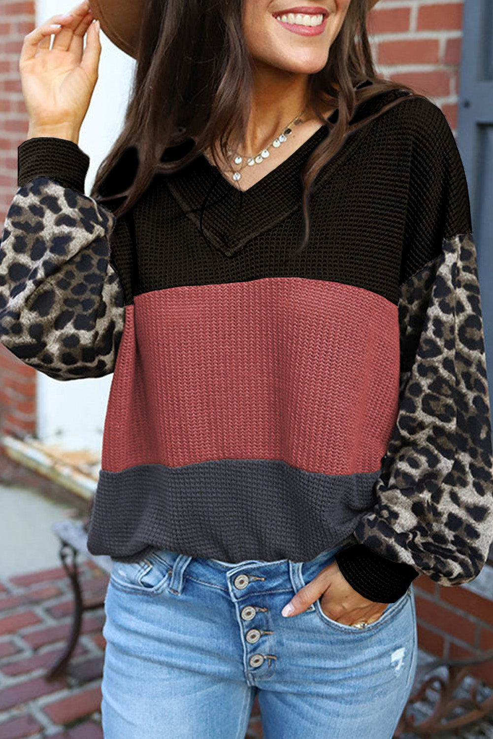 Black Wild Leopard Contrast Sleeve Colorblock Waffle Knit Top Black 95%Polyester+5%Elastane Long Sleeve Tops JT's Designer Fashion