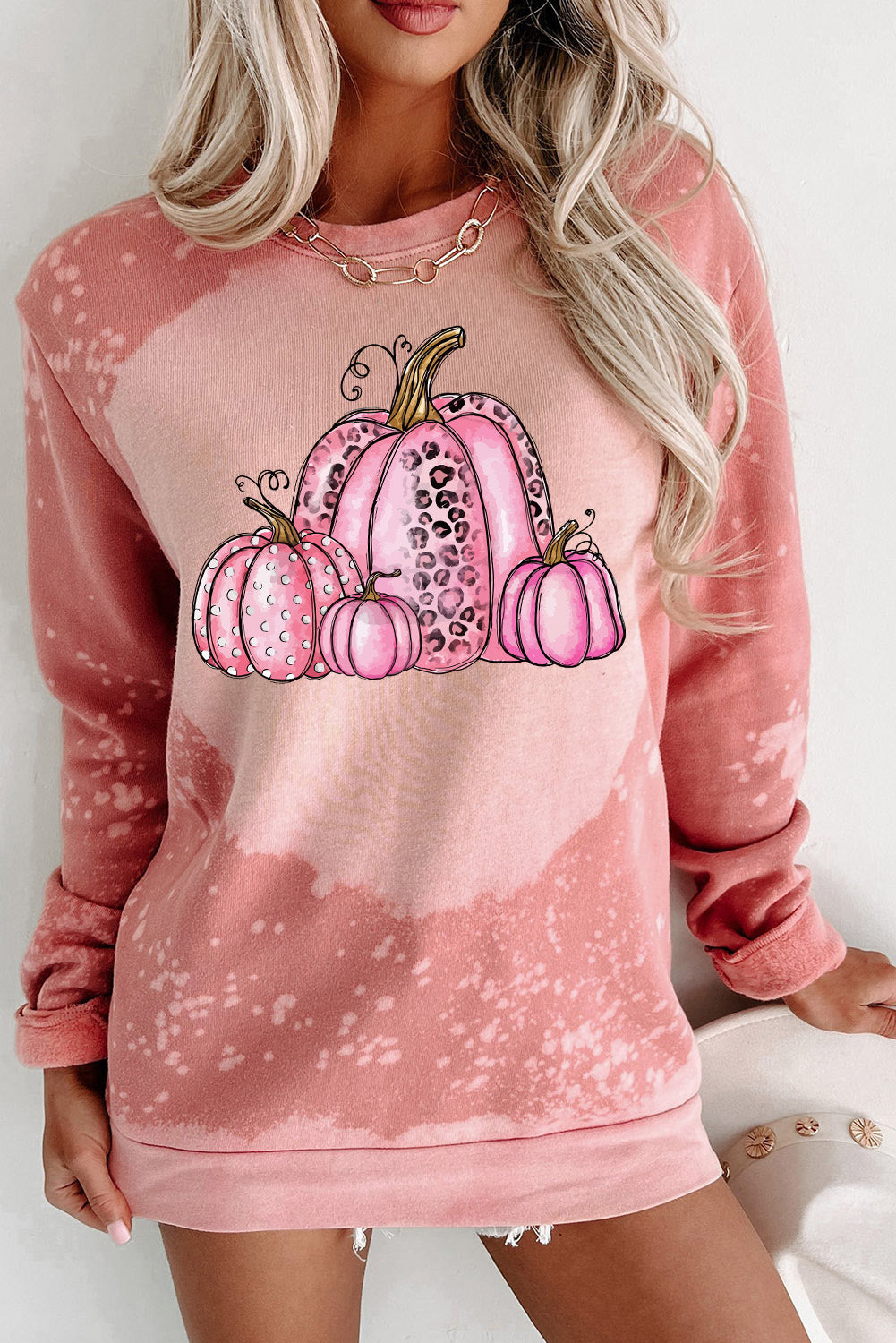 Pink Pumpkin Graphic Bleached Tie Dye Sweatshirt Pink 95%Polyester+5%Elastane Graphic Sweatshirts JT's Designer Fashion