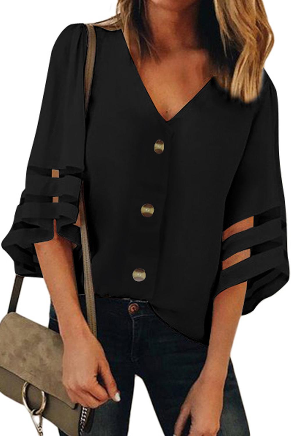 Black Flare Sleeve V Neck Button Down Blouse Blouses & Shirts JT's Designer Fashion