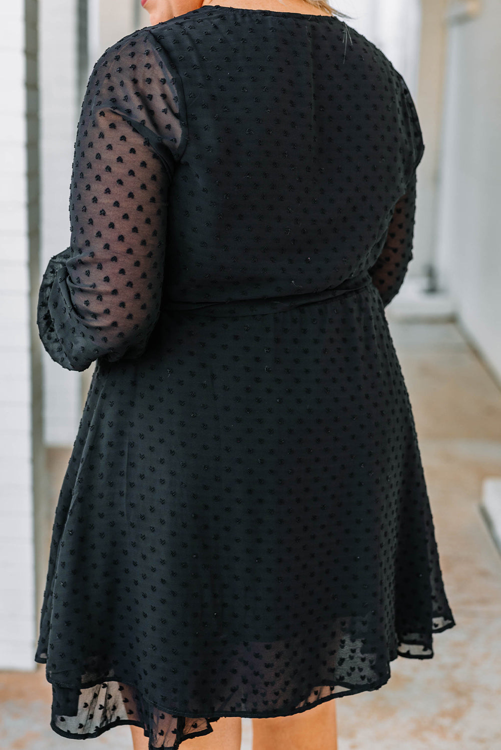 Black Plus Size Swiss Dot V Neck Wrap Long Sleeve Dress Plus Size Dresses JT's Designer Fashion