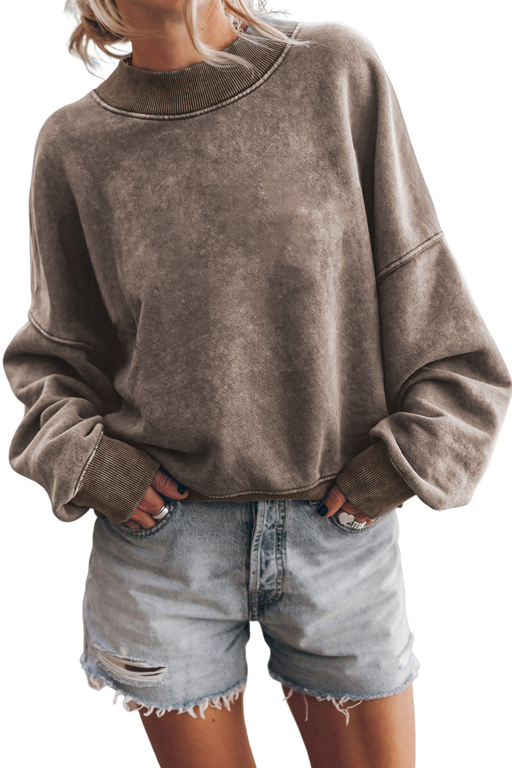 Brown Drop Shoulder Crew Neck Pullover Sweatshirt Sweatshirts & Hoodies JT's Designer Fashion