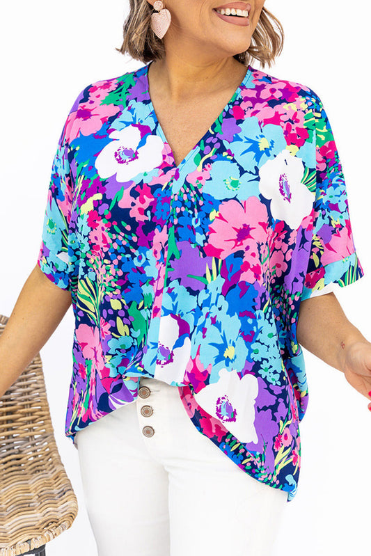 Multicolor V Neck Dolman Sleeve Plus Size Floral Blouse Plus Size Tops JT's Designer Fashion