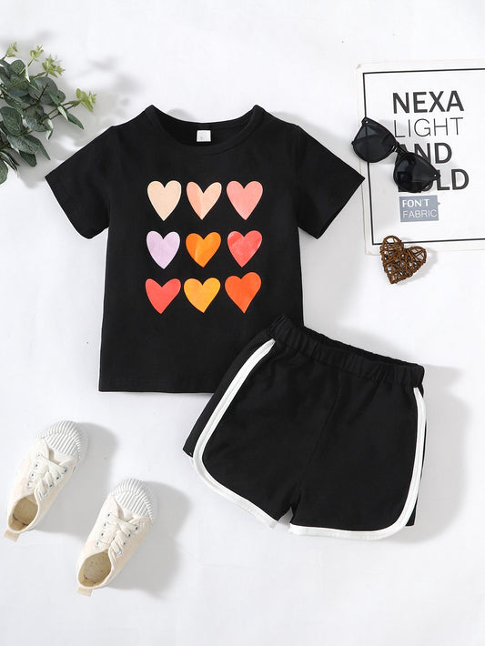 Kids Heart Print T-Shirt and Side Stripe Shorts Set Black Kids Sets JT's Designer Fashion