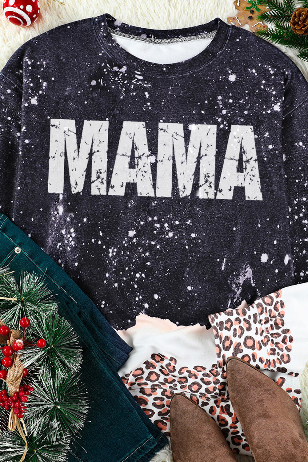 Black MAMA Bleached Leopard Trim Pullover Sweatshirt Graphic Sweatshirts JT's Designer Fashion