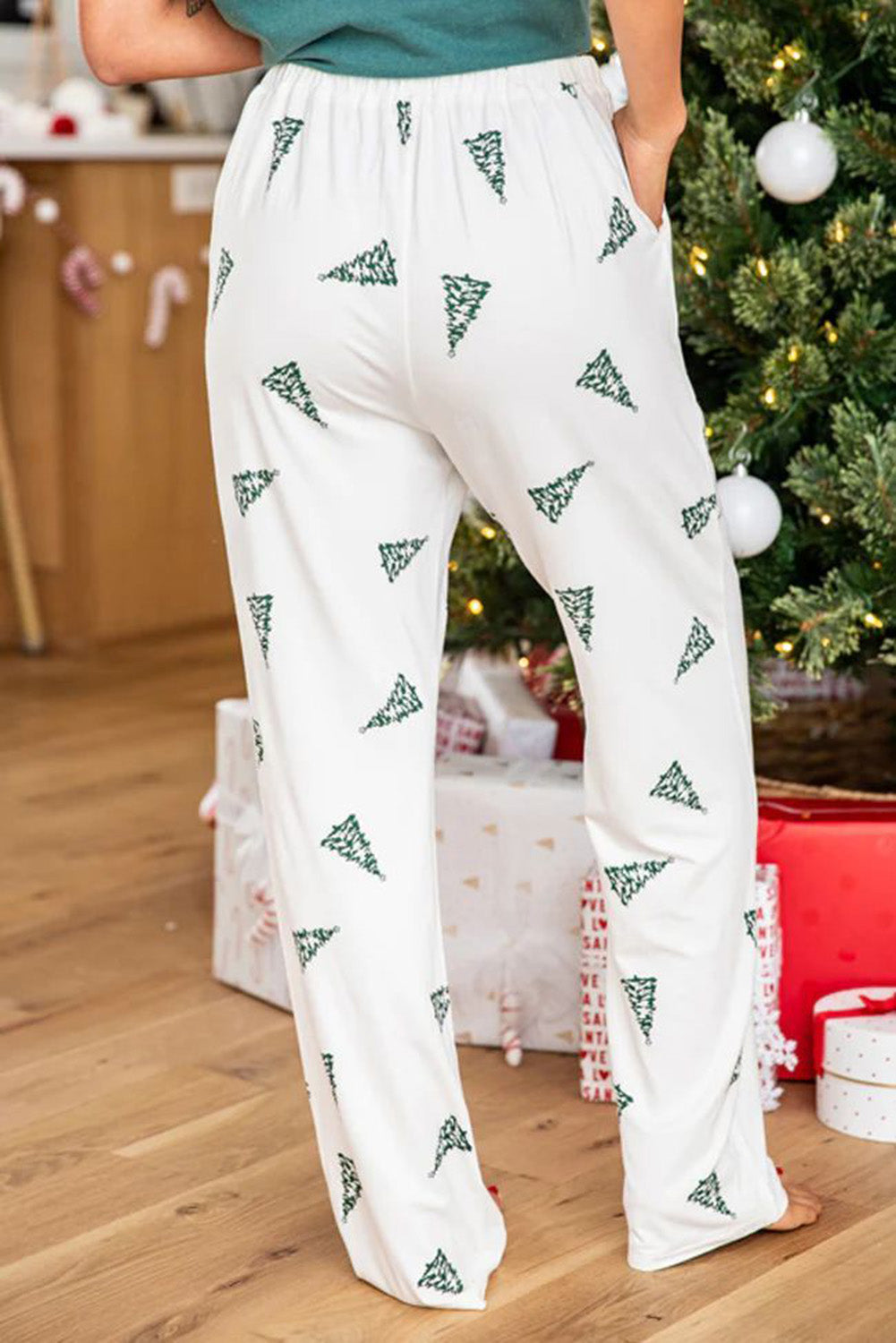 Stone Green Christmas Tree Print Tee and Pants Lounge Set Loungewear JT's Designer Fashion