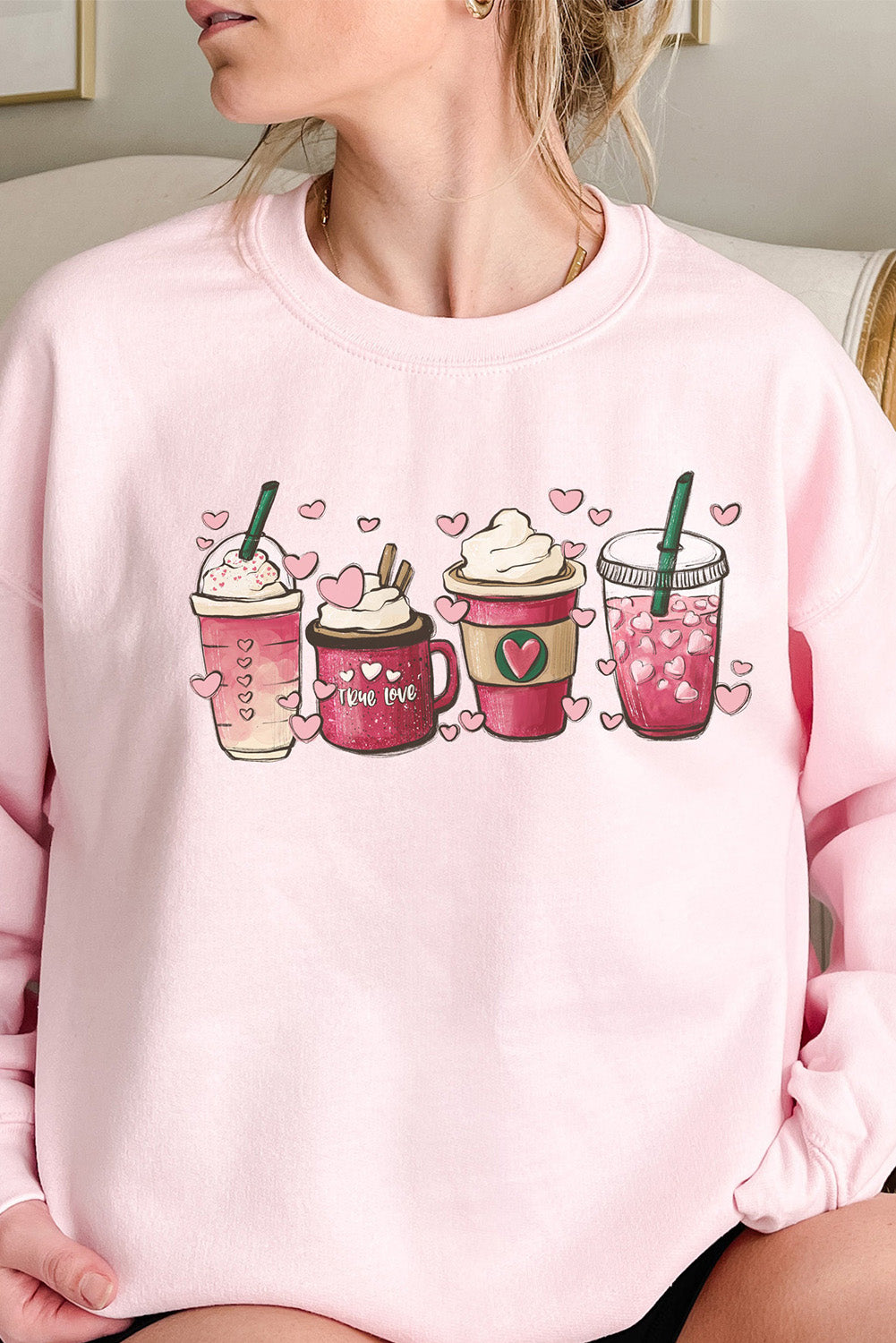 Pink Valentines Sweet Drinking Graphic Print Sweatshirt Graphic Sweatshirts JT's Designer Fashion