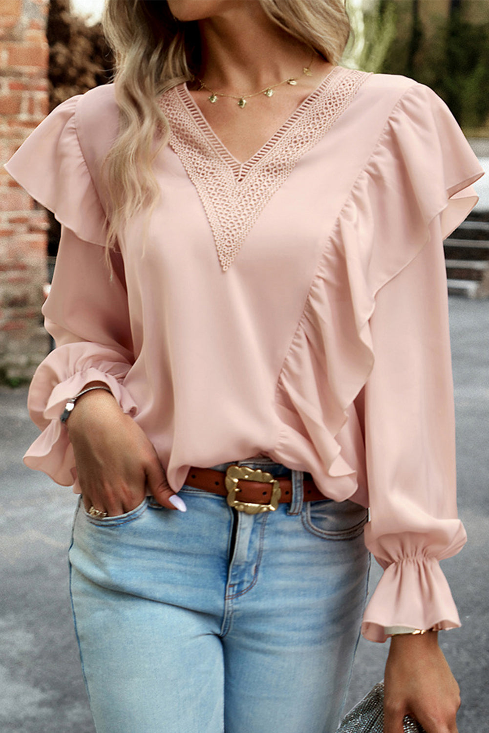 Pink Crochet V Neck Flounce Sleeve Ruffled Blouse Pink 100%Polyester Blouses & Shirts JT's Designer Fashion