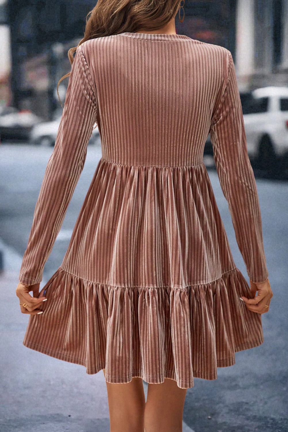 Apricot Powder Velvet Ribbed Long Sleeve Tiered Ruffled Mini Dress Dresses JT's Designer Fashion
