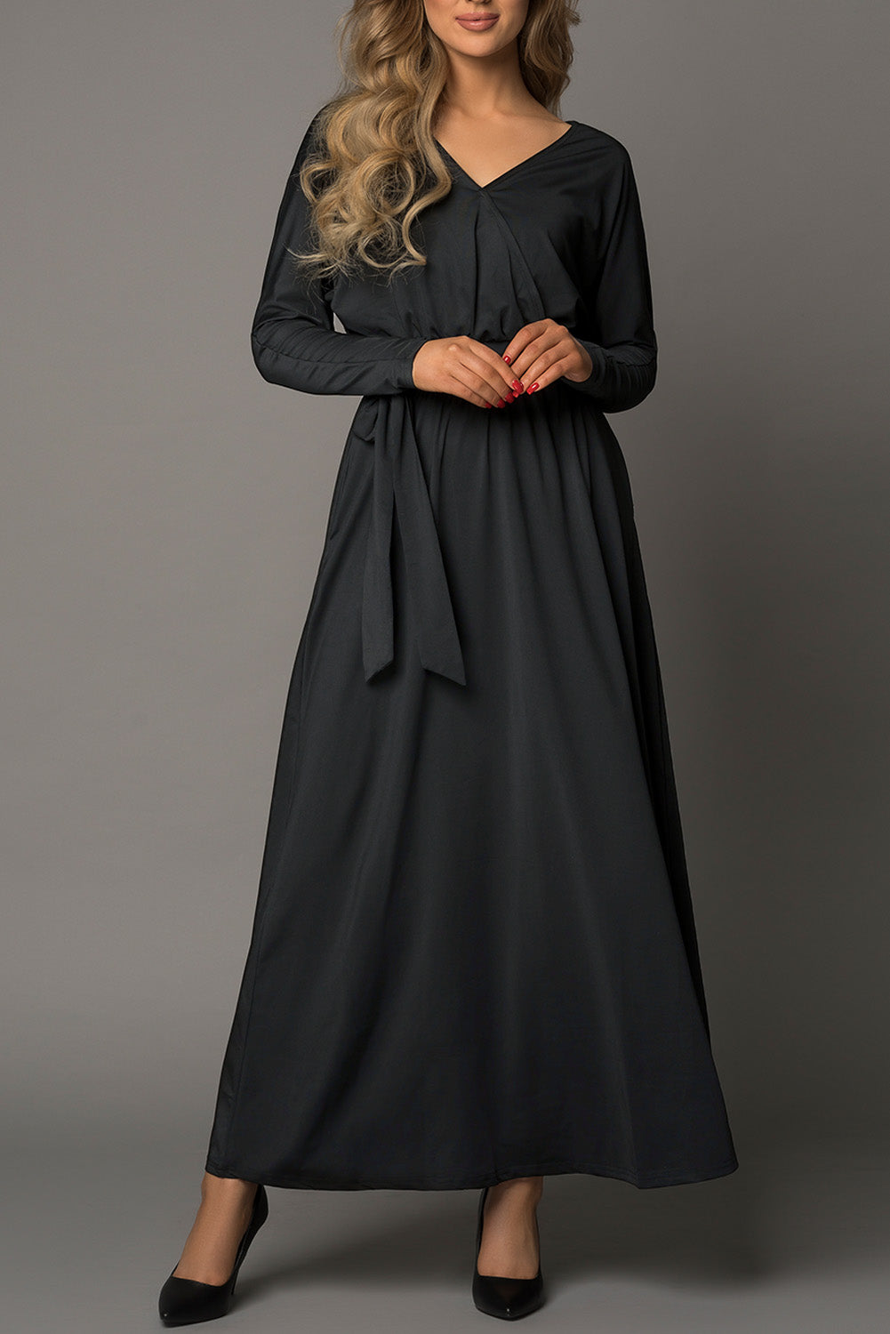 Black Black V Neck Batwing Sleeve Maxi Dress Black 95%Polyester+5%Elastane Maxi Dresses JT's Designer Fashion