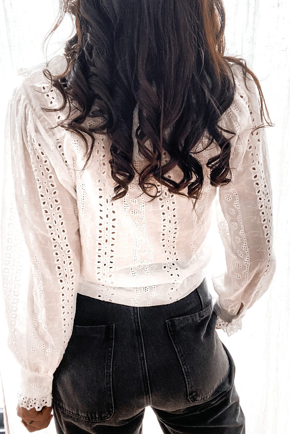 White Lace Trim Hollow-out Button-up Long Sleeve Shirt Blouses & Shirts JT's Designer Fashion