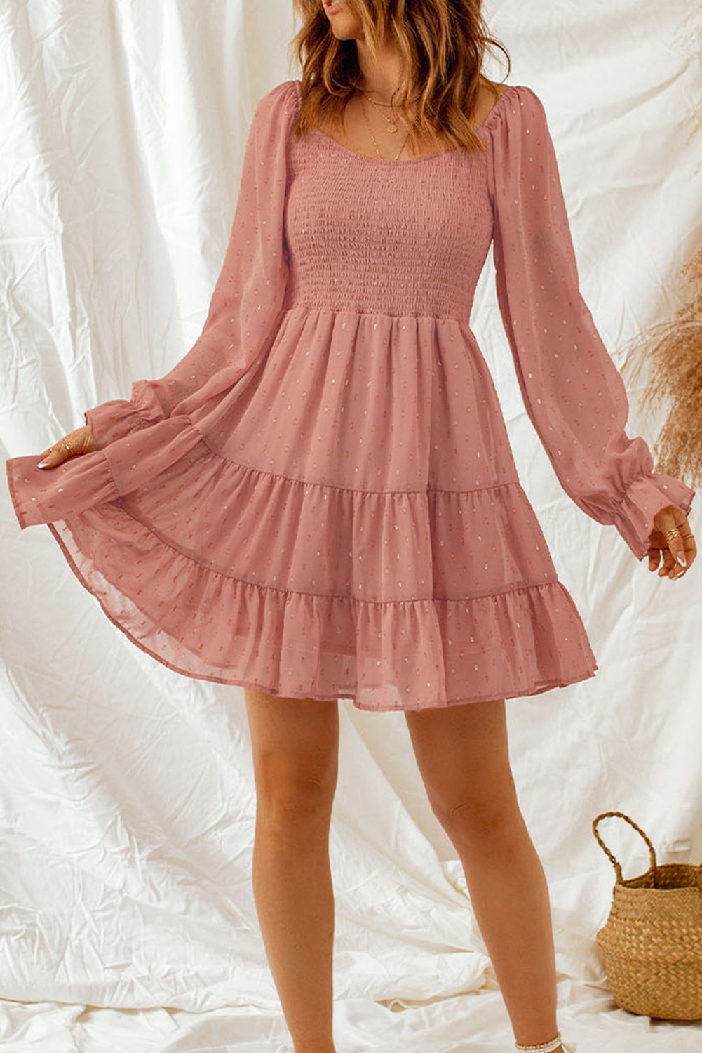 Orange Dotted Smocked Ruffled Long Sleeve Mini Dress Mini Dresses JT's Designer Fashion