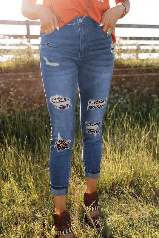 Leopard Patch Destroyed Skinny Blue Jeans Leopard 80%cotton+15%polyester+5%Spandex Jeans JT's Designer Fashion
