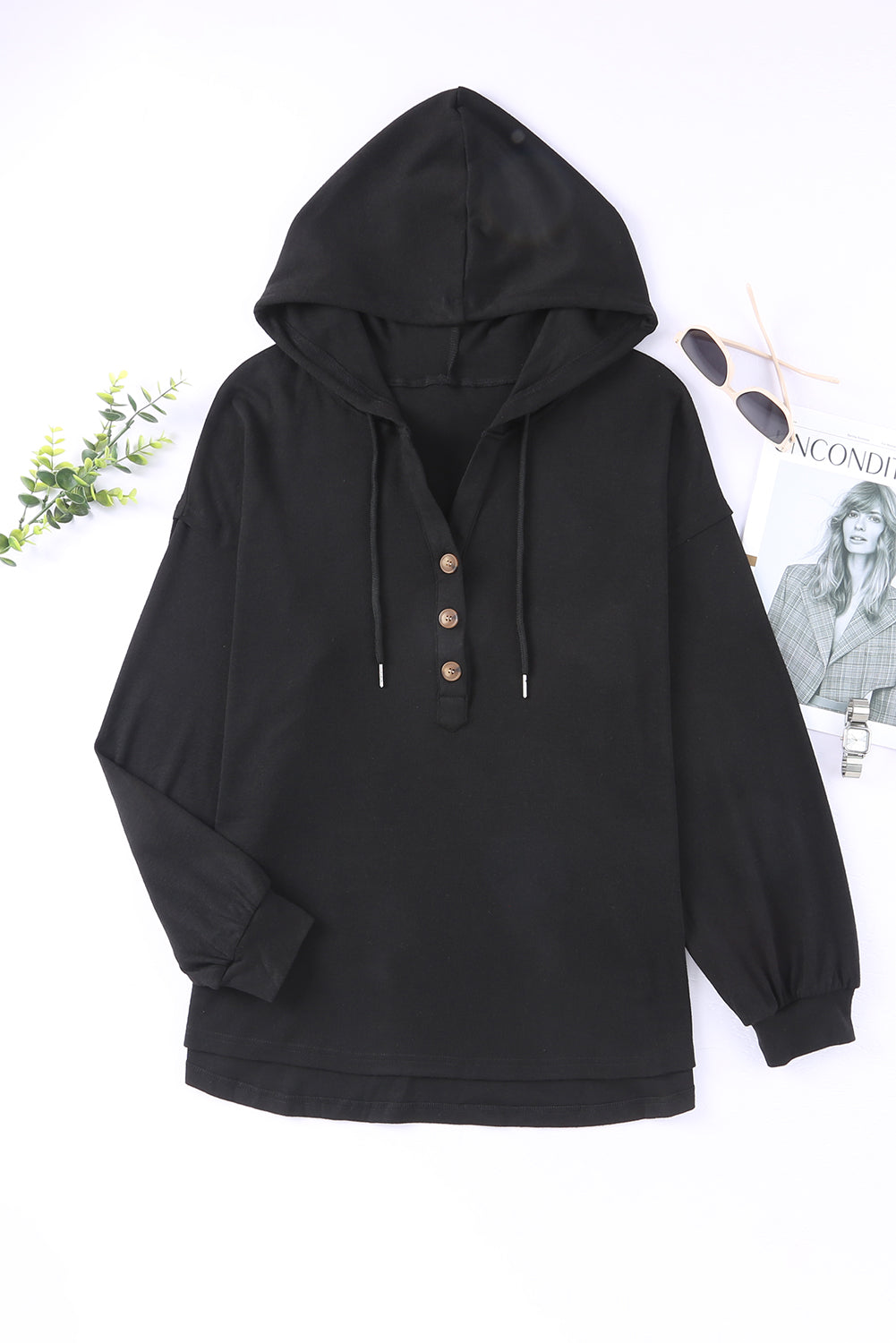 Black Buttoned High and Low Hem Hoodie Sweatshirts & Hoodies JT's Designer Fashion