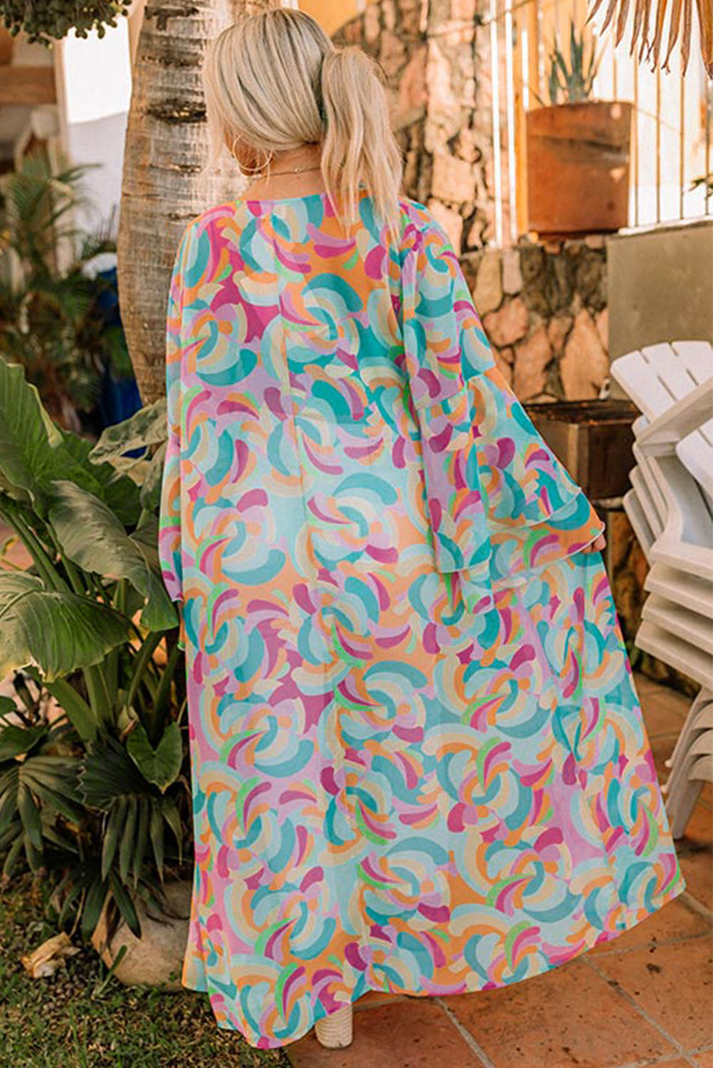 Multicolor Printed Double Layered Bell Sleeve Long Flowy Cardigan Kimonos JT's Designer Fashion