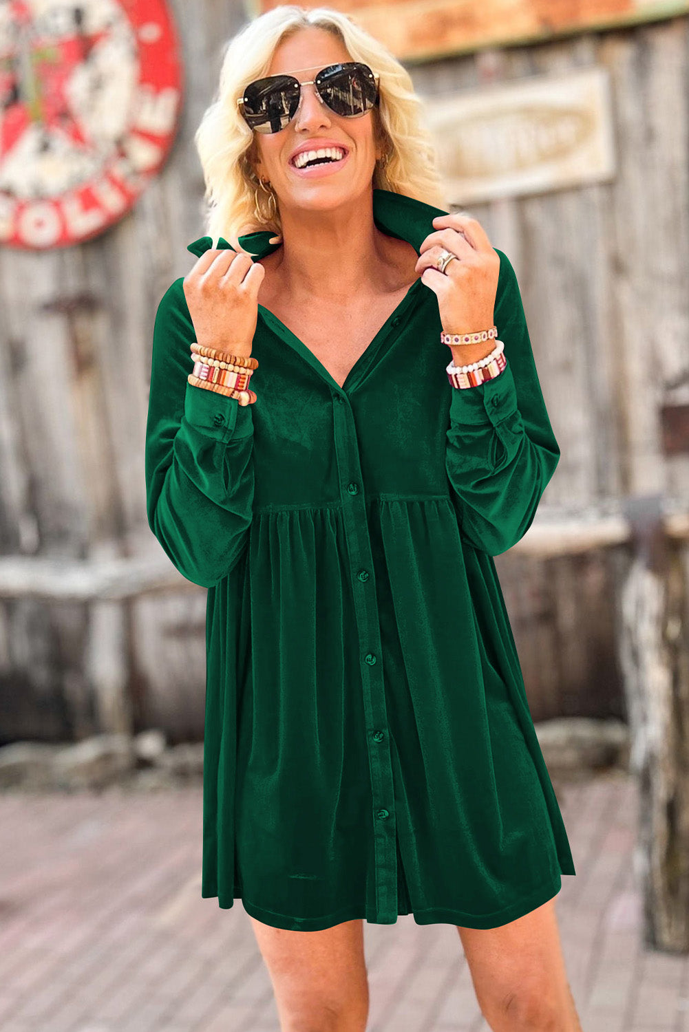 Green Long Sleeve Ruffle Velvet Button Up Dress Dresses JT's Designer Fashion