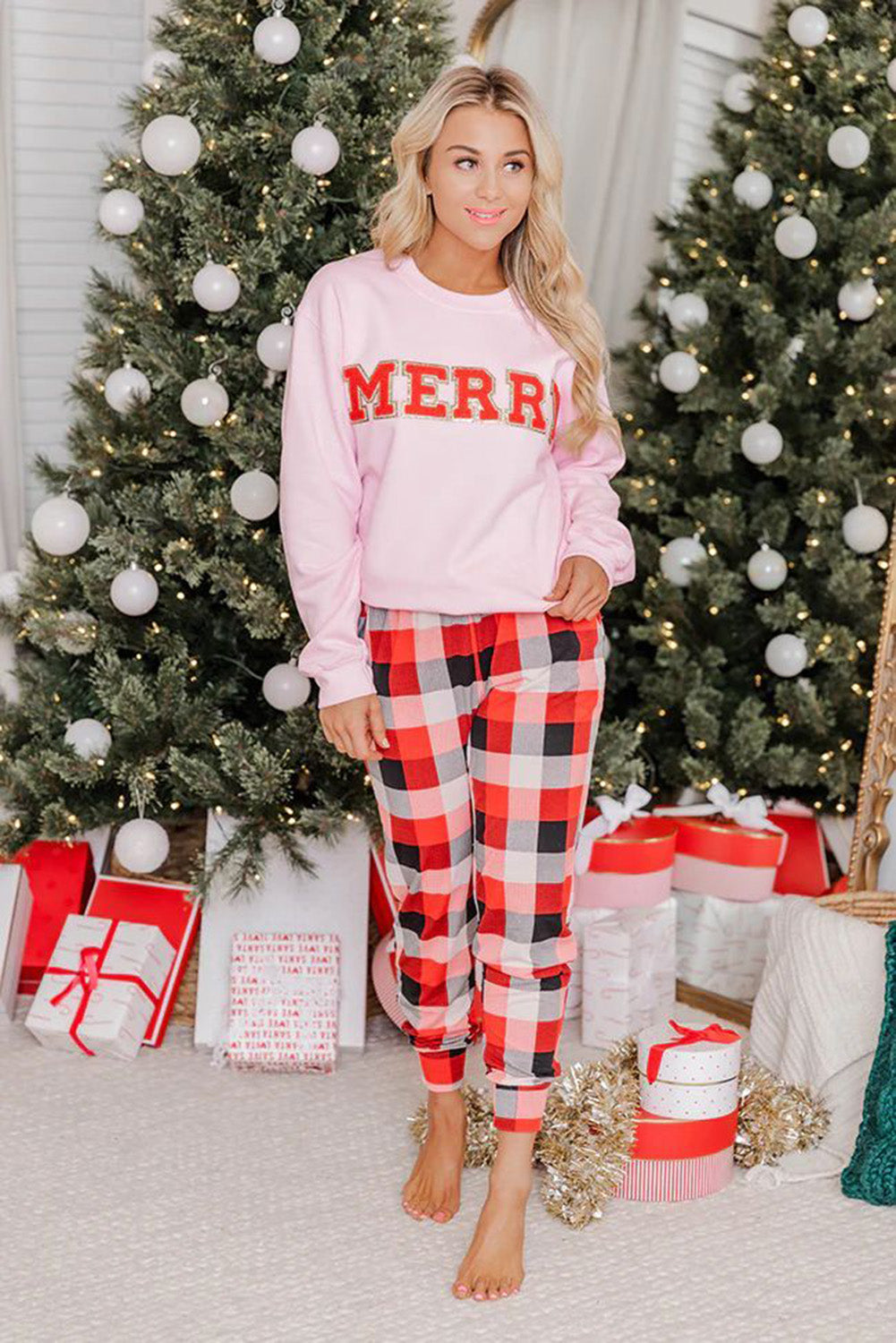 Multicolor MERRY Graphic Pullover and Plaid Pants Lounge Set Loungewear JT's Designer Fashion