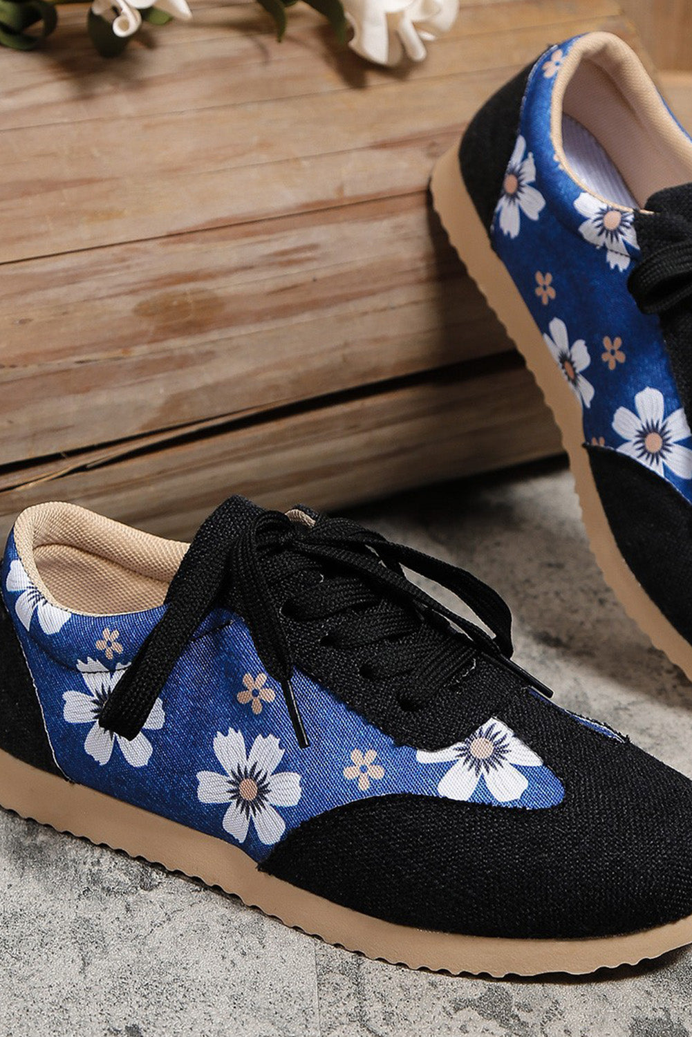Black Floral Patchwork Lace-up Linen Sneakers Women's Shoes JT's Designer Fashion