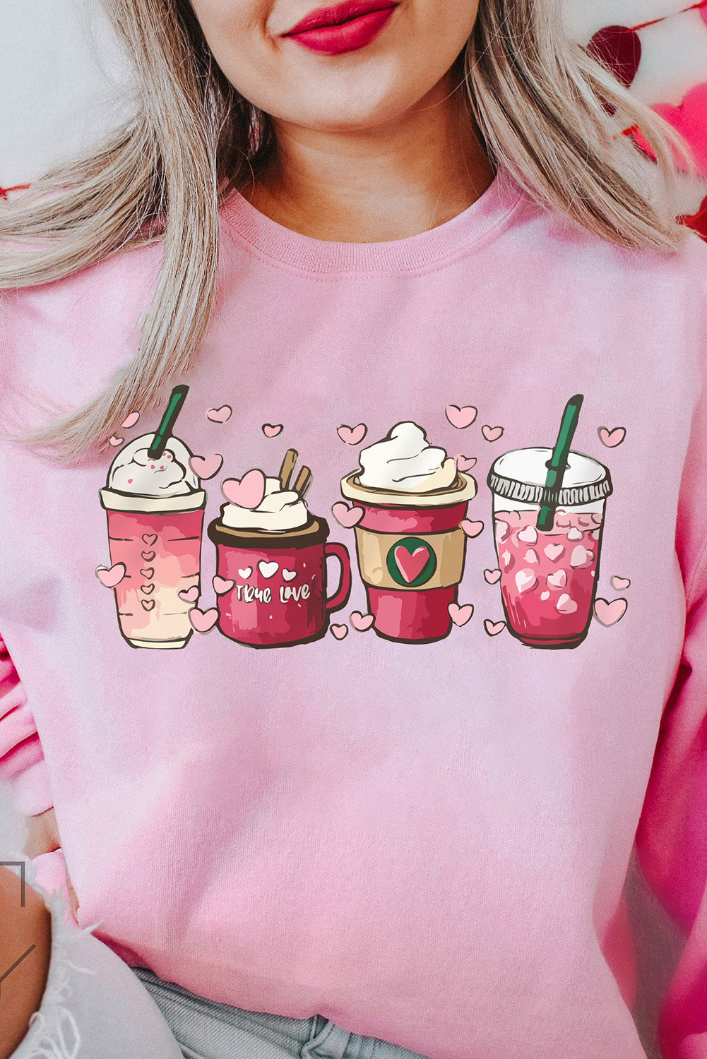 Pink Valentines Sweet Drinking Graphic Print Sweatshirt Pink 70%Polyester+30%Cotton Graphic Sweatshirts JT's Designer Fashion
