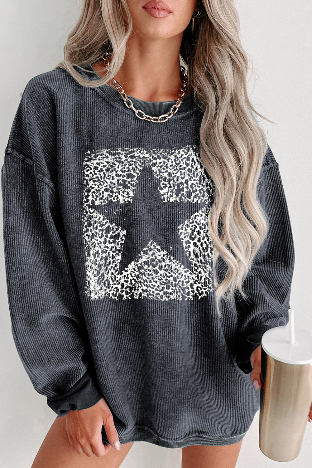 Gray Leopard Star Graphic Corded Sweatshirt Gray 100%Polyester Graphic Sweatshirts JT's Designer Fashion